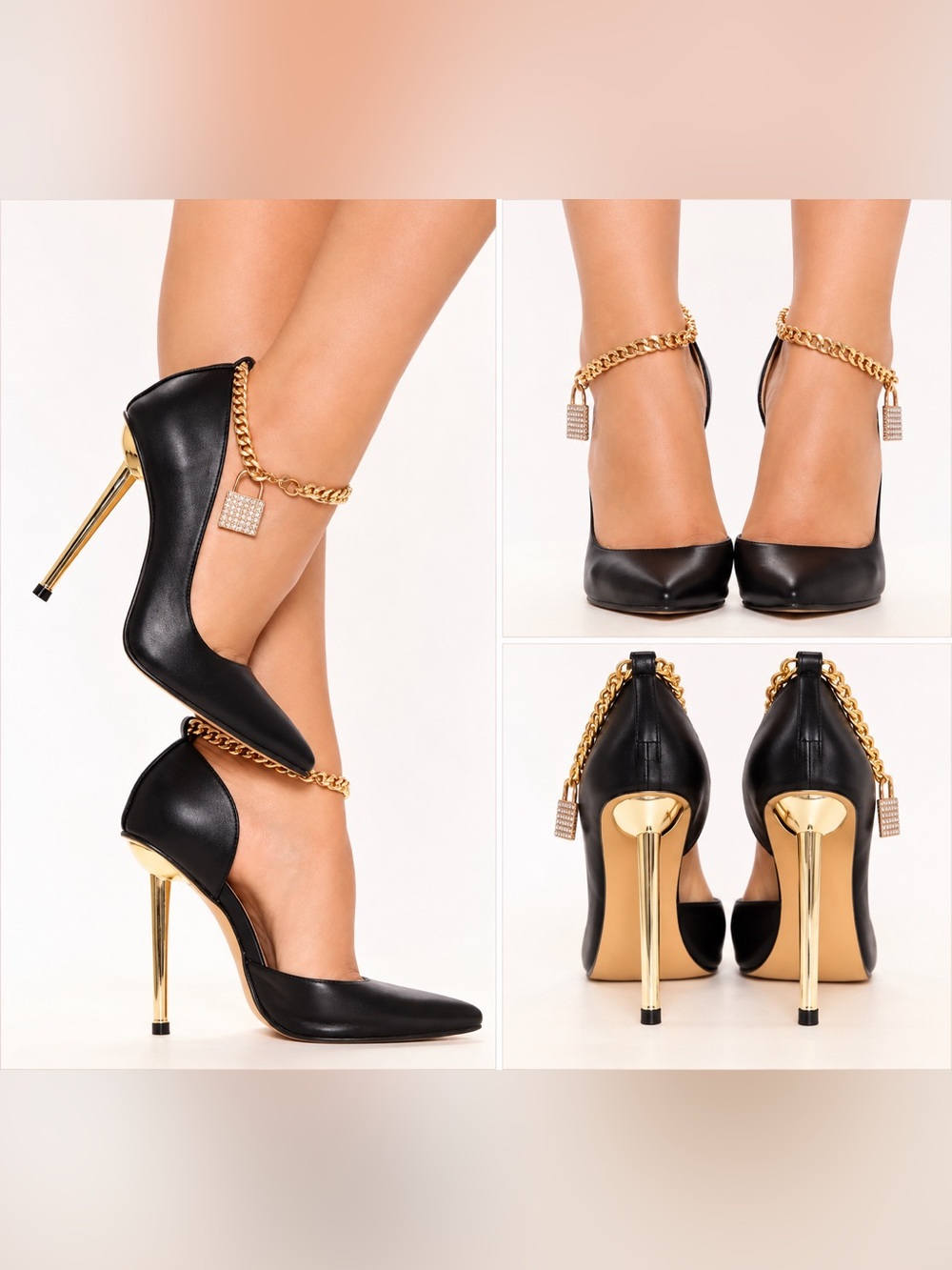 NEW Fashion Nova Penthouse Only Pumps Black Gold Chain Heels Size 7